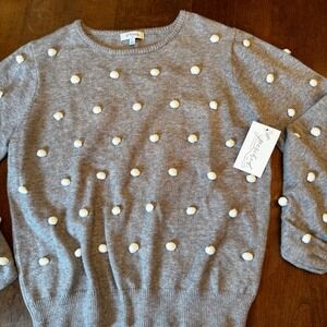 Polagram Sweater Women L Gray Pom Pom Puff Sleeve PSW2463 Textured Crew Neck
